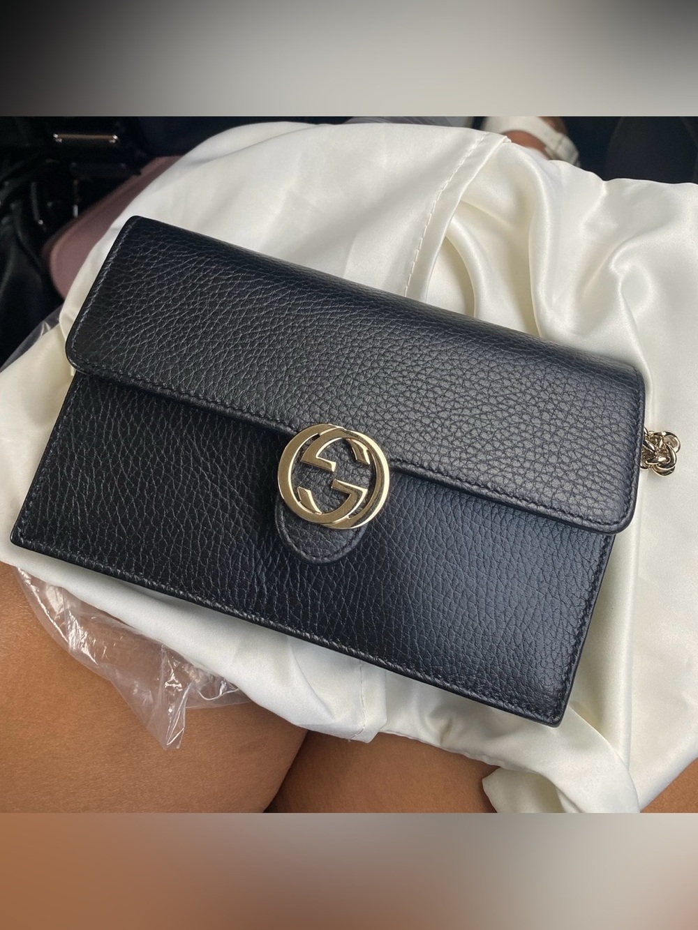 Gucci Black Pebbled Leather Crossbody with Gold GG Accent Wallet on Chain